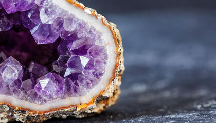 Macro photo of purple amethyst geode gemstone
