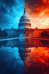 Papier Peint photo autocollant Half Dome US Capitol with one half red and the other half blue, republicans vs democrats concept