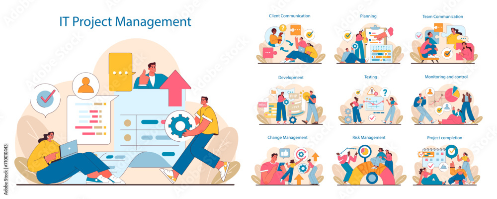 Poster it project management set. stages from planning to execution displayed. workflow efficiency, team co