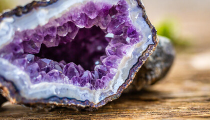 Macro photo of purple amethyst geode gemstone - obrazy, fototapety, plakaty