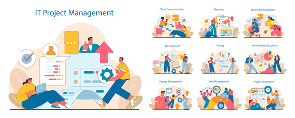 IT project management set. Stages from planning to execution displayed. Workflow efficiency, team collaboration, and client interaction in project phases. Flat vector illustration. - obrazy, fototapety, plakaty