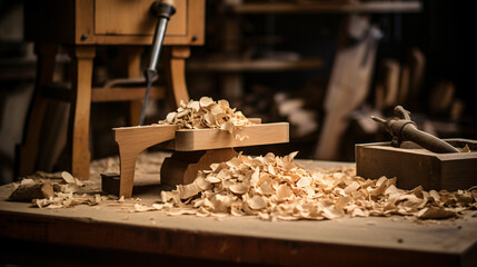 Wood shavings and chisels on a workbench - obrazy, fototapety, plakaty