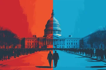 Papier Peint photo Half Dome US Capitol with one half red and the other half blue, republicans vs democrats concept