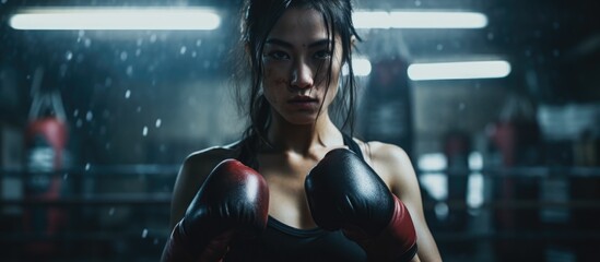 Fit Asian woman wrapping hands in boxing bandages while doing kickboxing workout in abandoned space. Healthy female athlete trains alone in dark setting. - obrazy, fototapety, plakaty