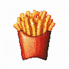 Pixelated image of potato french fries in a red container on a white background