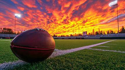 American football on a field with the sun setting in the background. The sky is ablaze with fiery red and orange colors