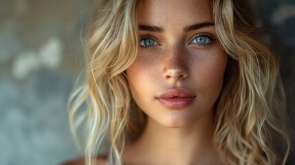 Obraz premium Close up portrait of a beautiful young woman with blond hair and blue eyes