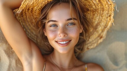 Close-up portrait of beautiful young woman in straw hat on the beach lying on sand.