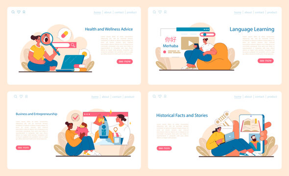 Interactive Learning set. Delving into wellness, mastering languages, fostering business skills, and uncovering history. Digital enlightenment through visual stories. Flat vector illustration.