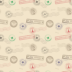 Seamless pattern - postal rubber stamps Paris France travel