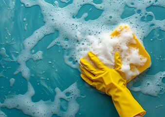 Hand in a yellow rubber glove holds a cleaning sponge and wipes a soapy foam on a background. Cleaning concept