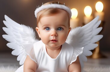 Valentine's day concept, a joyful baby girl of six months in an angel costume with wings. portrait of little baby in costume isolated
