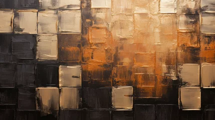 Foto auf Acrylglas Closeup of abstract rough black, brown, bronze, golden, orange art painting in squares, with oil brushstroke, pallet knife painting, texture © Gertrud