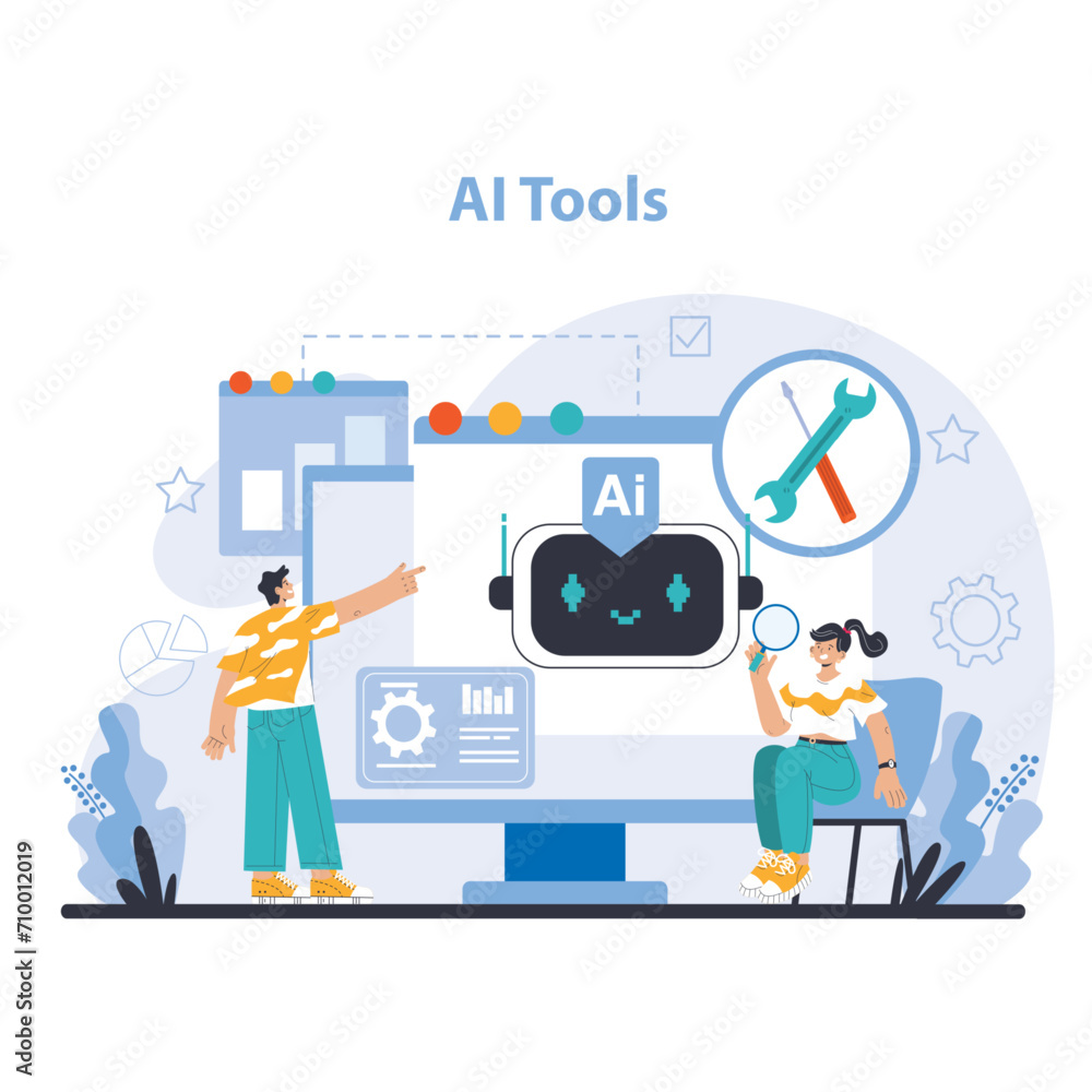 Poster ai tools concept. collaboration and innovation in the digital space powered by ai. simplifies comple
