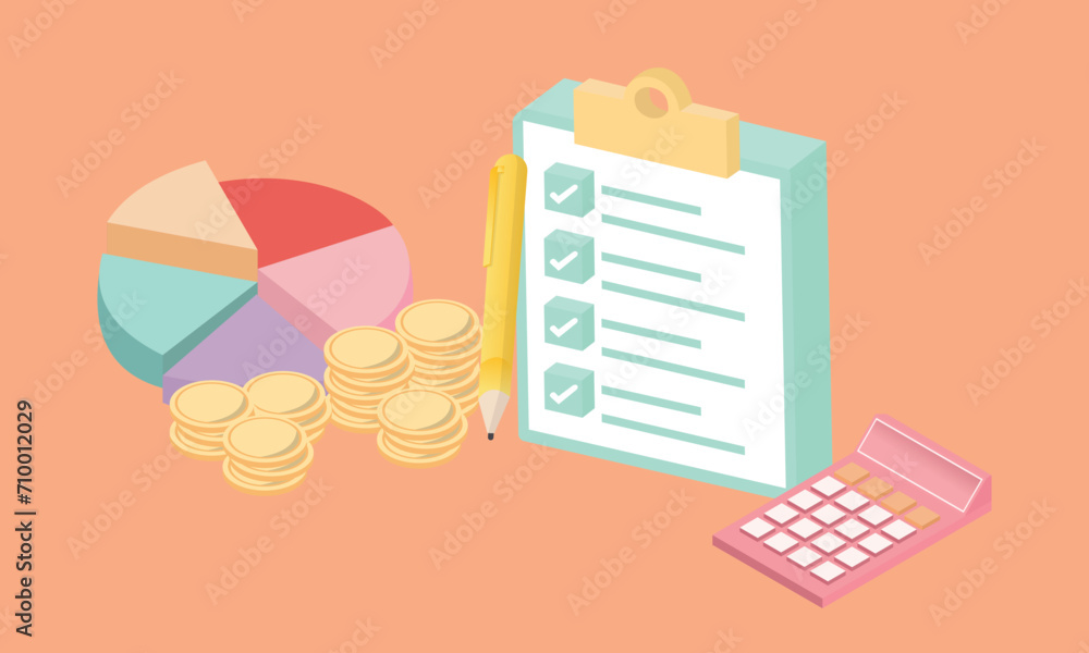 Poster 3d financial graph economics analytics calculator and stack coins with checkmark on clipboard paper.