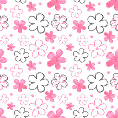 Floral seamless pattern. Pink and black primitive flowers. Imitation of a child's drawing. Hand drawn illustration with colored pencil. For background design, notepads, textiles - obrazy, fototapety, plakaty