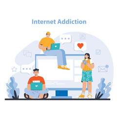 Internet addiction concept. A colorful portrayal of individuals engrossed in their devices, symbolizing the widespread issue of digital dependence. Flat vector illustration.