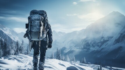 Exhilarating winter adventure  mountaineer backcountry skiing in a serene alpine landscape