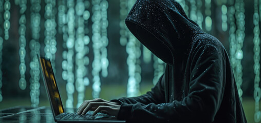 Hacker wear black hoodie using laptop, Binary code digital background Double exposure. Generative AI.