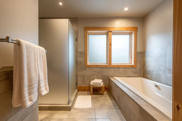 Fototapeta na wymiar A cozy bathroom interior with a large bathtub, heated floors, a wooden-framed window, and a combination of stone and tile finishes.