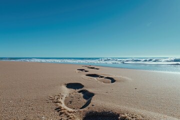 Footprints in the sand leading towards the ocean, under a clear blue sky, evoking a sense of calm and serenity at the beach.