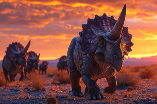 A herd of Protoceratops, depicted in a lifelike illustration, moves through a desert landscape under a dramatic orange sky at sunset, bringing a prehistoric scene to life.