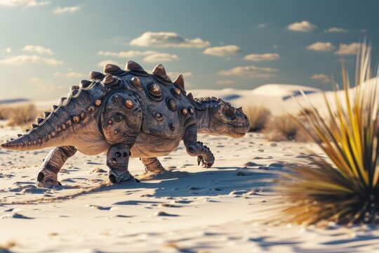 An Ankylosaurus depicted in a sparse desert landscape, giving a prehistoric vibe against the backdrop of sand dunes and blue skies.