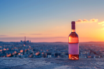 A bottle of wine in flowers, against the background of the Eiffel Tower in pastel colors, a romantic story. With a place for the text. Promotional photo.