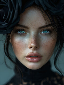 Young woman with beautiful eyes and face with freckles and sensual lips wearing a hat made of black roses, healthy glowing skin, fashion cover, sad Valentine theme, AI-generated