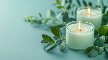 Obraz na płótnie Canvas Tree tea scented aroma candles on a mint background 