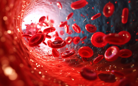 3D render of red blood cells flowing in vessel. Medical health care concept with blood containing red blood cells and haemoglobin.