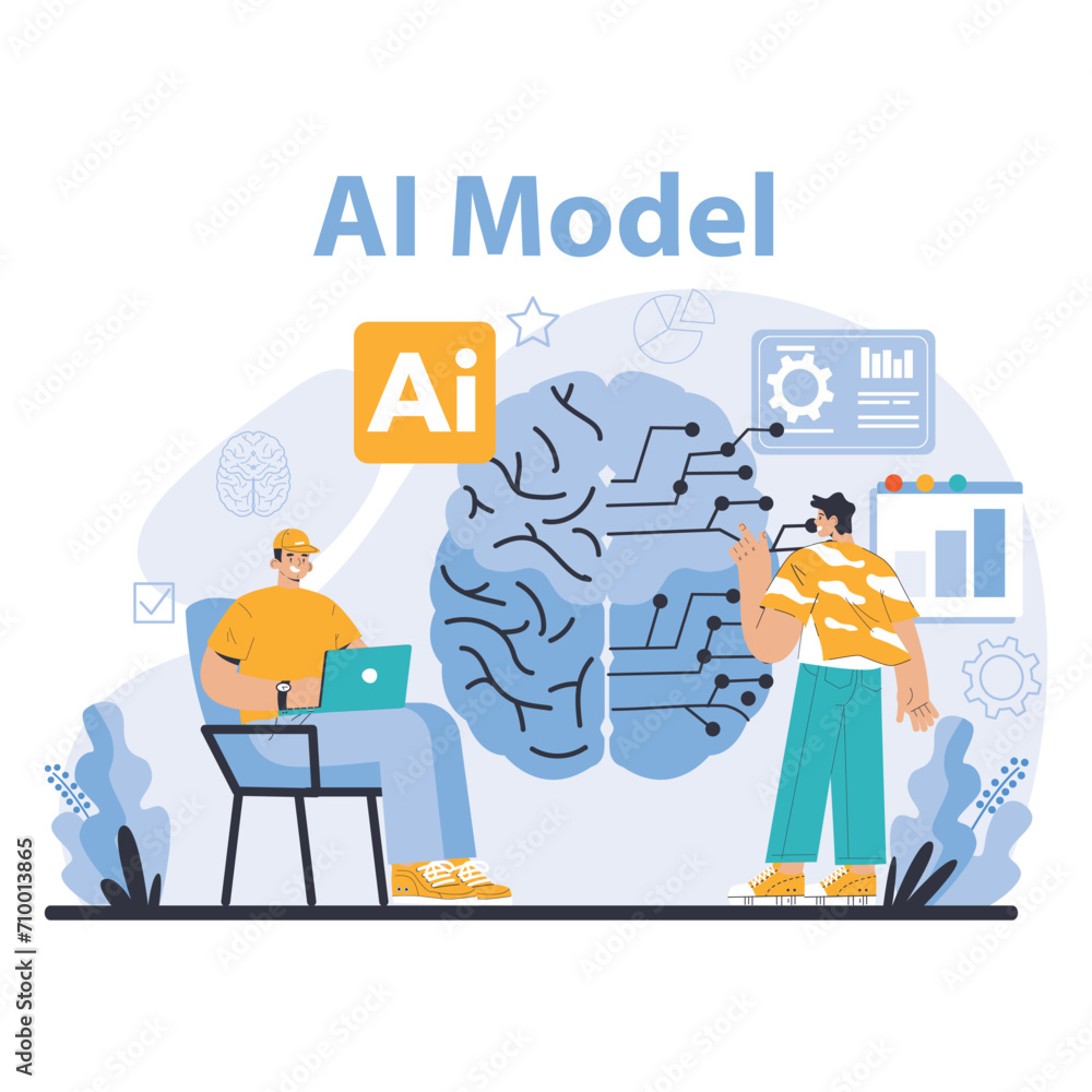 Poster ai model concept. illustration of machine learning innovation with human interaction, depicting the 