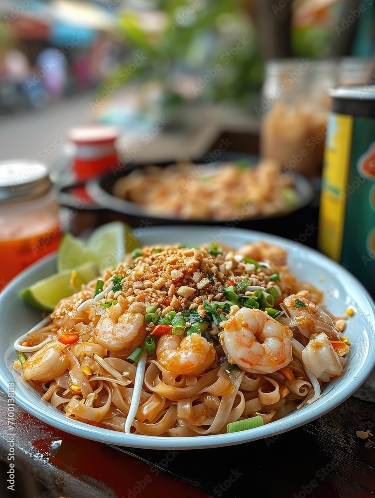 Wall mural A pad Thai dish in Bangkok street food. Generative AI.