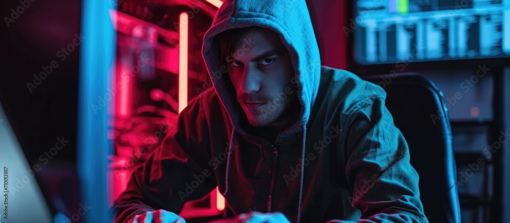 Poster male hacker exploiting security breach to infiltrate server, breaching system to generate malware an