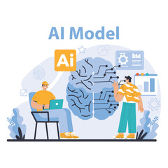AI Model concept. Illustration of machine learning innovation with human interaction, depicting the brain's neural network and data analytics. Flat vector illustration.
