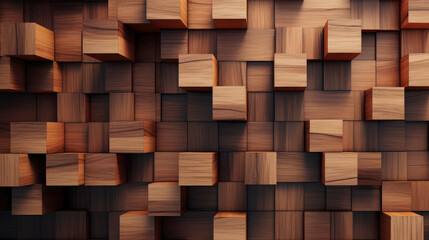 Abstract geometric brown wooden 3d texture wall, with squares and cubes as background, textured wallpaper
