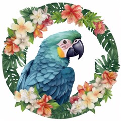 Beautiful round flowers border frame with parrot bird image AI Generated art