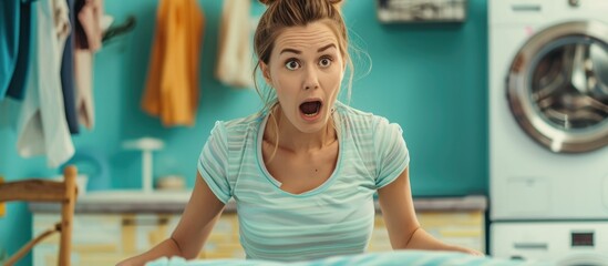 Skeptical caucasian woman ironing clothes in laundry room with a shocked, sarcastic expression and an open mouth of surprise.