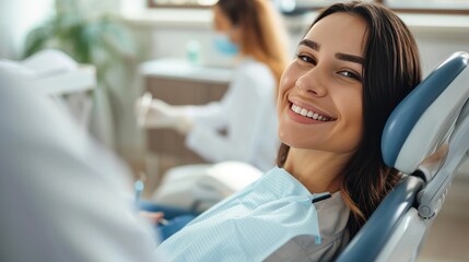 Fototapeta premium Radiant Joy, A Womans Serene Smile Illuminates the Dentists Chair