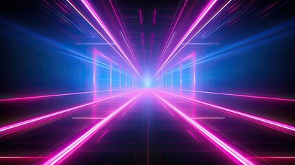 Abstract neon light geometric background. Glowing neon lines. Empty futuristic stage laser. Pink blue rectangular laser lines. Square tunnel. Night club empty room. Banner product