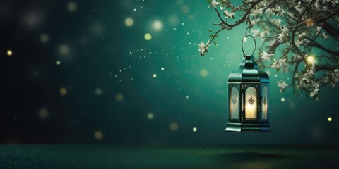 Ramadan Kareem celebration background illustration with arabic lanterns and moon