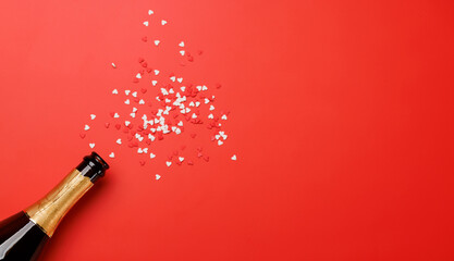 Valentine's sparkle: Champagne bottle on red background, greeting card template