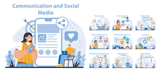 Fototapeta na wymiar Communication and Social Media set. Diverse internet services and digital interaction. Engaging in online communities, sharing information. Flat vector illustration.