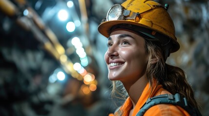 Smiling woman worker underground mining. Generative AI. - obrazy, fototapety, plakaty