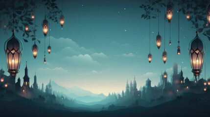 Fototapeta na wymiar Ramadan Kareem celebration background illustration with arabic lanterns and moon