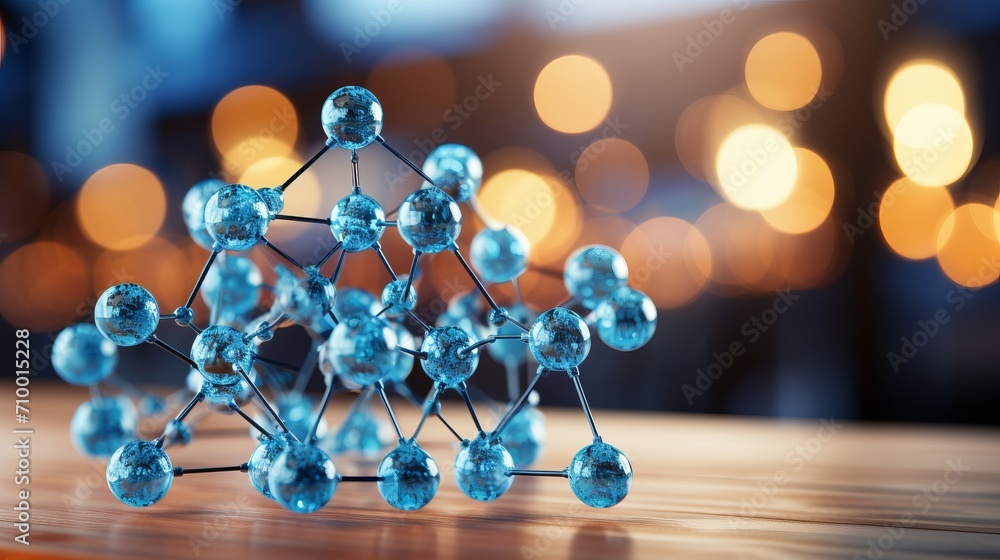 Poster molecular structure abstract background with bokeh effect in light blue and white tones