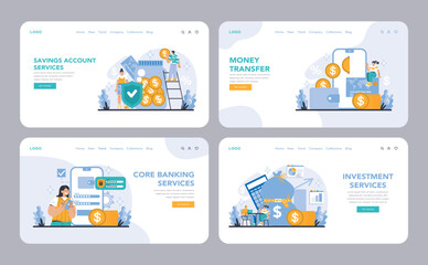 Obraz na płótnie Canvas Core Banking Services web or landing page set. Showcasing essential banking operations from savings and transfers to investments. Digital finance made effortless. Flat vector illustration.