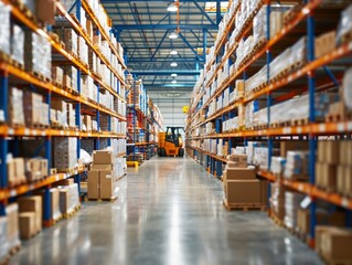 Retail warehouse full of shelves with goods in cartons, with pallets and forklifts. Logistics and transportation blurred background