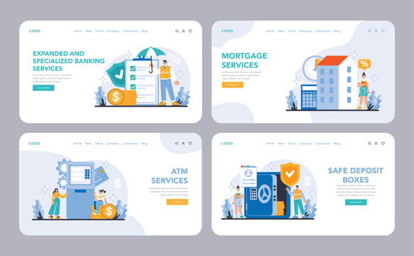 Expanded and specialized banking services web or landing page set. Showcasing a range of banking facilities including personalized financial planning, ATM access, and secure deposit options.