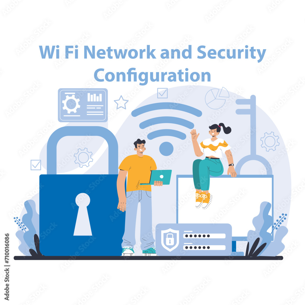Poster wi-fi network. specialist setting up, developing and maintaining wireless fidelity equipment. secure